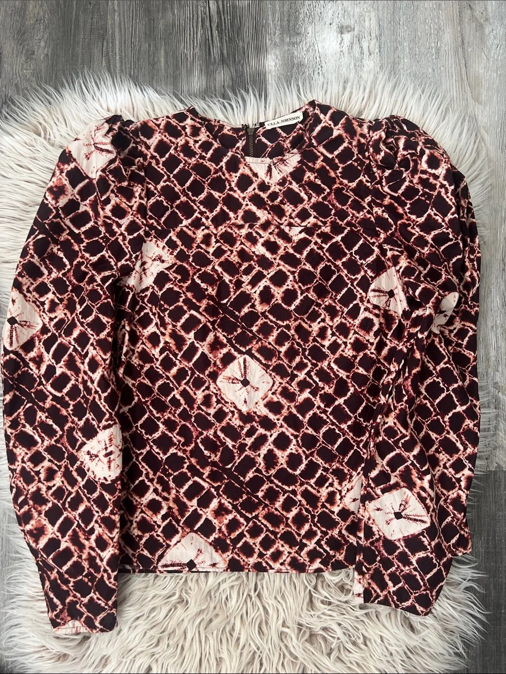 Ulla Johnson Ingrid Blouse Henna Shibori Puff Sleeve Cotton Top Size 0